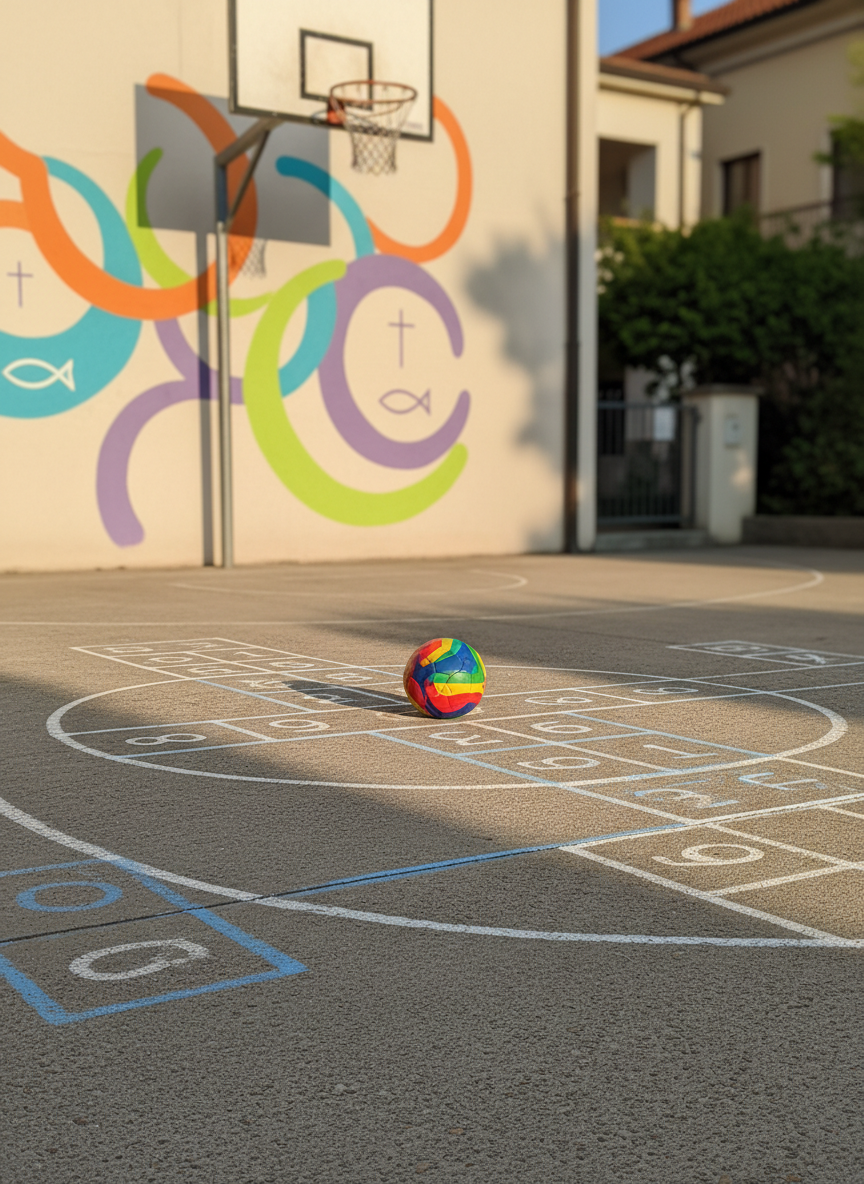 A lively parish courtyard captured without people, featuring a bright multi-colored soccer ball resting at the center of a small concrete play area outlined with chalk-drawn hopscotch grids and simple game markings. Nearby, a metal basketball hoop stands against a pale wall decorated with a painted mural of abstract, joyful shapes and subtle Christian symbols like a small cross and fish. Late-afternoon golden light creates long, soft shadows from the ball and hoop, adding depth and warmth. Photographed from a low-angle, ground-level perspective in photographic realism, the background gently blurred, the image conveys dynamic energy, outdoor play, and friendly tournaments typical of an oratory environment.