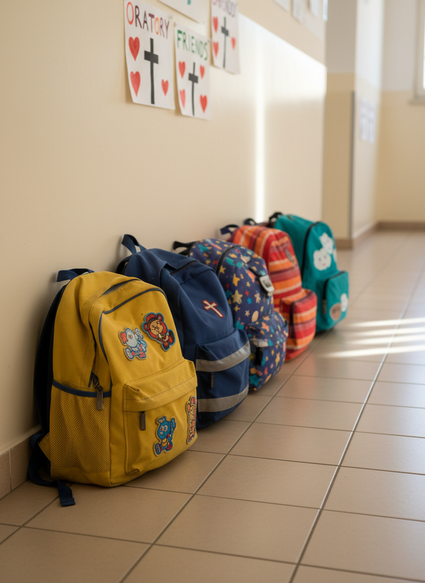 An orderly cluster of colorful school backpacks resting against a smooth, light-colored hallway wall inside a parish center, each backpack different: one bright yellow with cartoon patches, another deep blue with reflective strips, others patterned in playful designs. Above them, simple paper signs with hand-drawn hearts and crosses decorate the wall in childlike handwriting. Soft morning light filters in from an unseen window, casting narrow, gentle beams across the tiled floor. Photographed at a low, side angle in photographic realism, with a shallow depth of field that keeps the nearest backpack crisp and the rest softly blurred, the image evokes the after-school rhythm of oratory life, study support, and community.