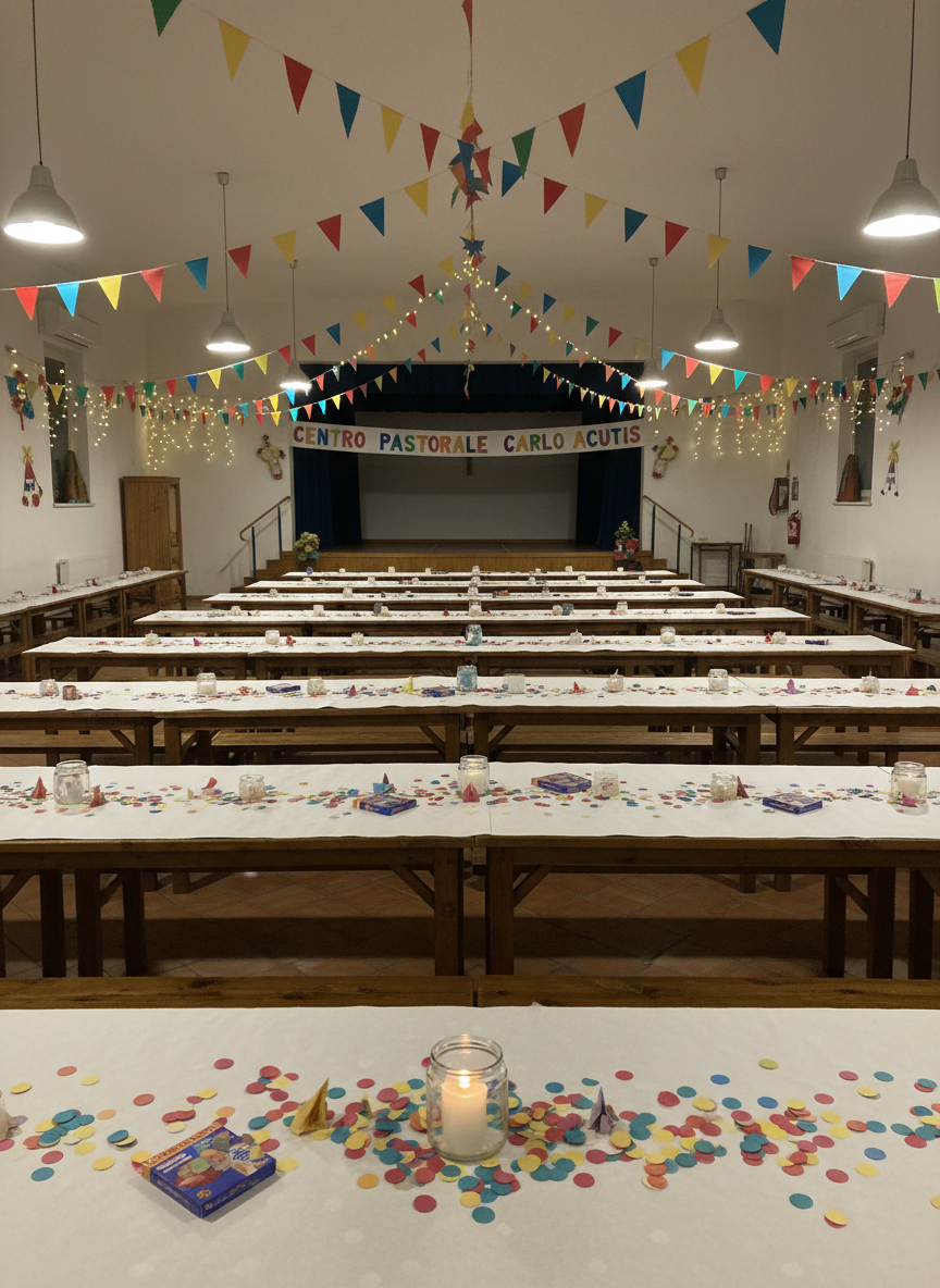 A festively decorated parish hall prepared for an oratory party, with long wooden tables covered in simple white paper tablecloths and scattered with colorful paper confetti, crayons, and small handmade centerpieces featuring candles protected in glass jars. Above, strands of triangular pennant flags in bright primary colors crisscross the ceiling, and a modest stage at the far end is framed by a banner with the name “Centro Pastorale Carlo Acutis” in playful lettering. Warm ambient lighting from hanging fixtures and a few twinkling string lights gives the space a cozy, celebratory glow. Shot at eye level in photographic realism with wide-angle composition, the hall appears spacious, joyful, and ready for community gatherings and parish celebrations.