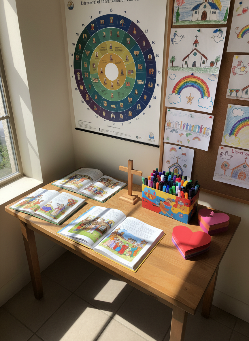 A simple wooden catechism table in a bright parish classroom, its surface covered with open illustrated catechism books, a small wooden cross, a colorful box of markers, and a stack of neatly cut construction-paper hearts. On the wall behind, a large poster of the liturgical year in vivid colors hangs beside a corkboard filled with handmade drawings of churches, doves, and rainbows. Diffused daylight from a nearby window illuminates the scene with a clear, gentle light, creating soft shadows and crisp details. Captured from an overhead, slightly diagonal perspective in photographic realism, the composition feels organized yet playful, expressing a warm, formative environment where faith and creativity grow together.