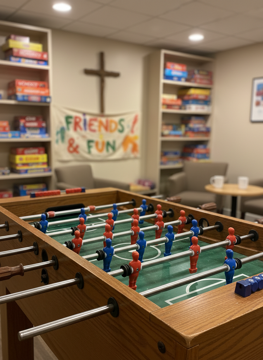 A large, well-worn wooden foosball table with bright red and blue players frozen mid-game, standing at the center of a cozy parish recreation room. The surface shows tiny scratches and scuffs from years of oratory tournaments. Behind it, blurred shelves hold neatly stacked board games, a simple wooden cross, and a hand-painted banner with vibrant colors. Warm indoor lighting from overhead fixtures creates a soft, even glow, highlighting the textures of the wood and metal rods. Captured from a slightly elevated, three-quarter angle in photographic realism, the composition uses shallow depth of field to emphasize the table, conveying a playful, energetic, and welcoming atmosphere where friendships form.