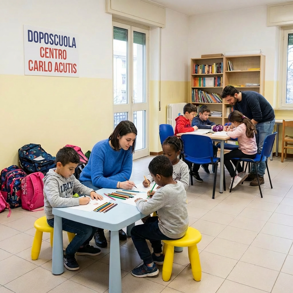 Sign reading DOPOSCUOLA L'AQUILONE with children and adults doing schoolwork at tables.